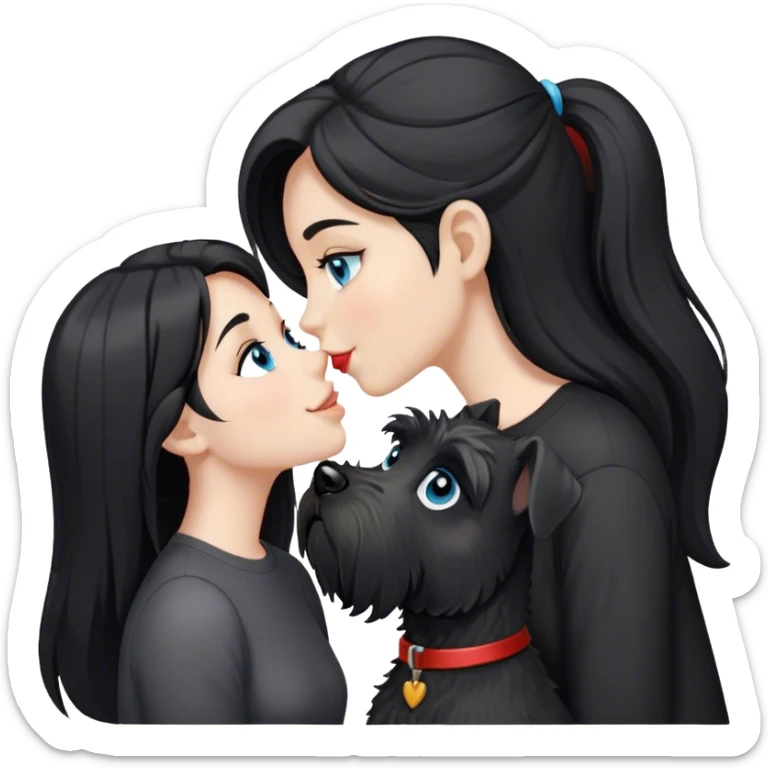 one pale girl with light blue eyes and long black hair wearing black shirt kissing schnauzer smiling black schnauzer  sticker