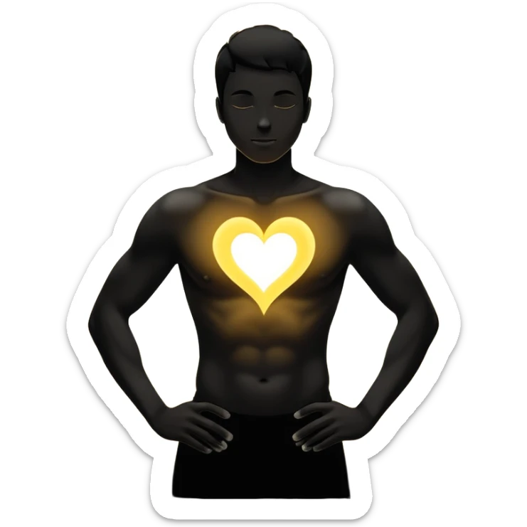 minimalist b&w male silhouette with flowing black-and-white curves across the lower body, now overlaid with a small, softly glowing spark or radiant light near the chest or head — heart symbolizing inspiration, inner fire, and creative energy awakening” yellow glow sticker