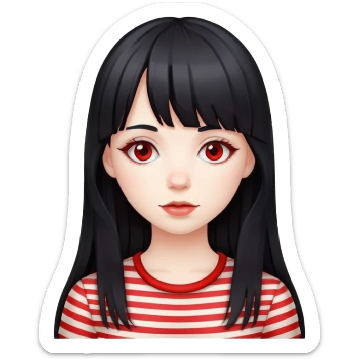 pale girl, long black hair with red striped hair and bangs sticker