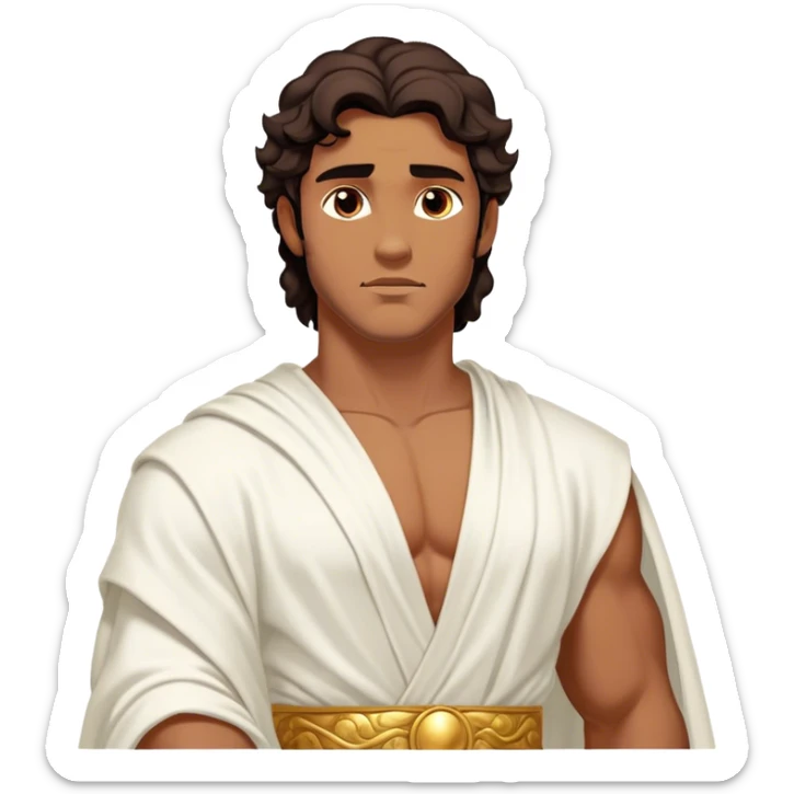 Cinematic Realistic Hercules Portrait, depicted as a classical Greek hero inspired by the Disney version yet echoing the refined proportions and serene dignity of Michelangelo's David. His idealized, sun-kissed bronze skin glows with timeless strength, and his thick, wavy dark hair falls in natural, sculpted curls. Draped in a flowing white robe with delicate golden accents, his expressive eyes radiate determined nobility, all rendered under dynamic natural lighting with a mythic, radiant glow. sticker