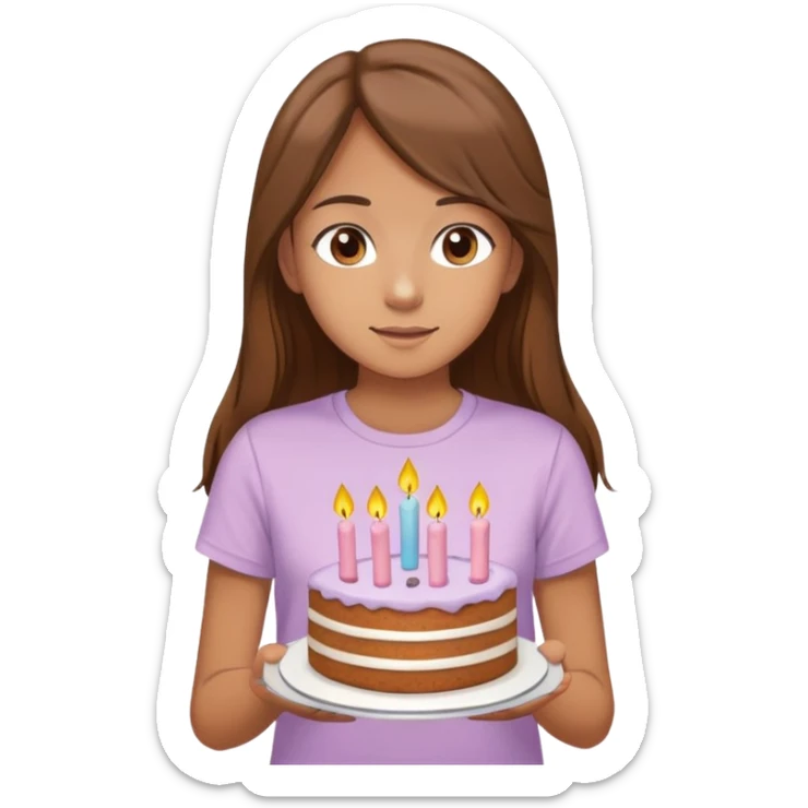 A teenage girl with brown long hair, brown eyes, some basic outfit like pastel T-shirt, in your hands cake and she make a wish sticker