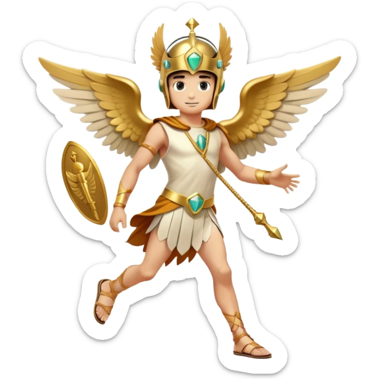 Generate an emoji-style depiction of Hermes, the Greek god of speed, travel, and communication. He should have a youthful face with a playful, clever expression. Include his signature winged helmet and winged sandals. He can hold a caduceus—a staff with two intertwined snakes and wings at the top. His outfit should be a simple tunic, preferably short to suggest agility. The color scheme should be gold, white, and light blue to emphasize his divine and swift nature. Make the overall style sleek and dynamic, as if he’s in motion or ready to dash away sticker