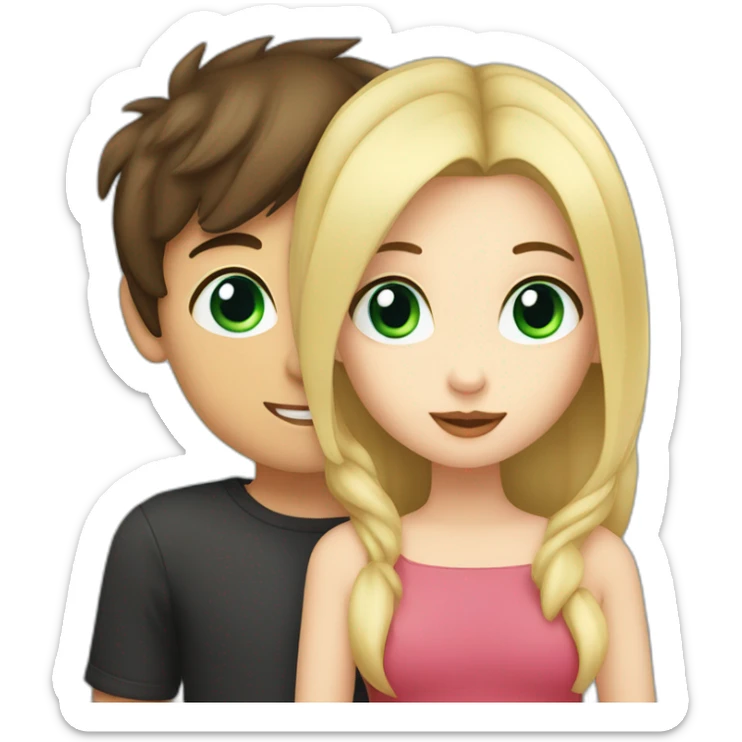 Girl with blue eyes and blonde hair kiss a boy with dark brown hair and green eyes sticker