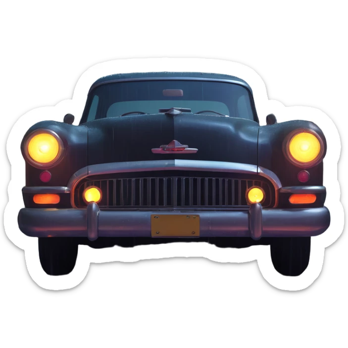 vintage car headlights illuminating rain-slicked urban street at night sticker