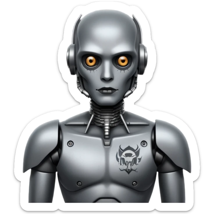 black metal Tatooed robot, big many tatooes on chest, neck and face, white tatoo on face sticker