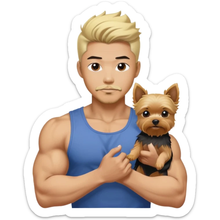  Holding a blonde yorkie Korean Asian handsome man with black pointy hair full goatee and body builder biceps sticker