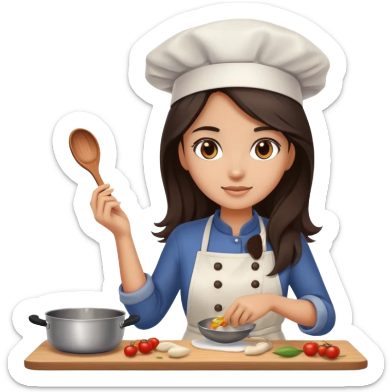 cooking food girl long dark brown hair and dark brown eyes, ight to medium skin tone sticker
