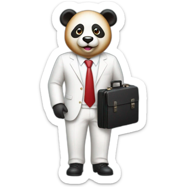 A professor with white suit and red tie and a panda face holding a hotdog and a black suitcase sticker
