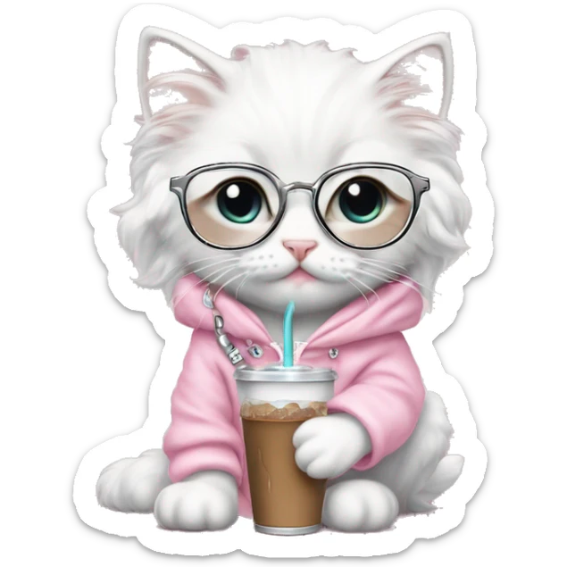 White rag doll kitten wearing a fancy light pink hoodie and diamond filled stethoscope necklace and wearing white glasses and holding iced coffee  sticker