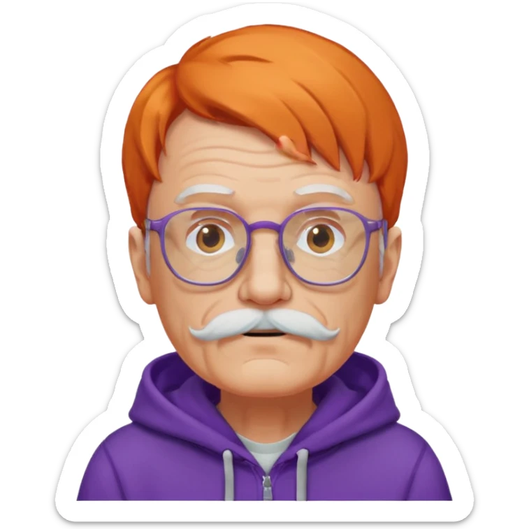 old man, orange hair, white mustache, wearing glasses, wearing a purple hoodie sticker