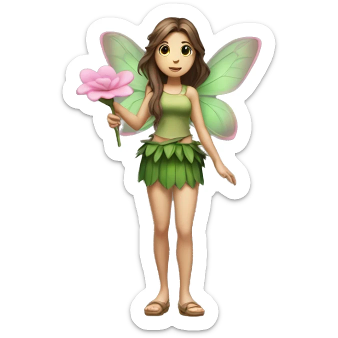 A full body of a fairy with green top and mini skirt she have a good shape of body and a long brown hair with pink flower beside her eating  sticker