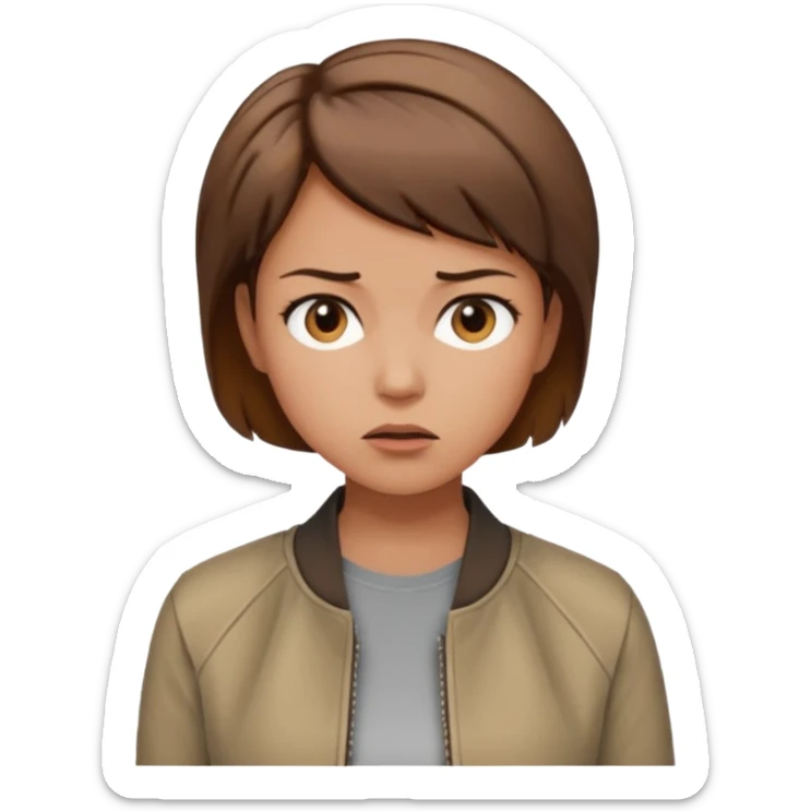 a woman with a brown short hair, looking at the left, frustrated, wearing a trendy jacket, only upper body, high quality sticker