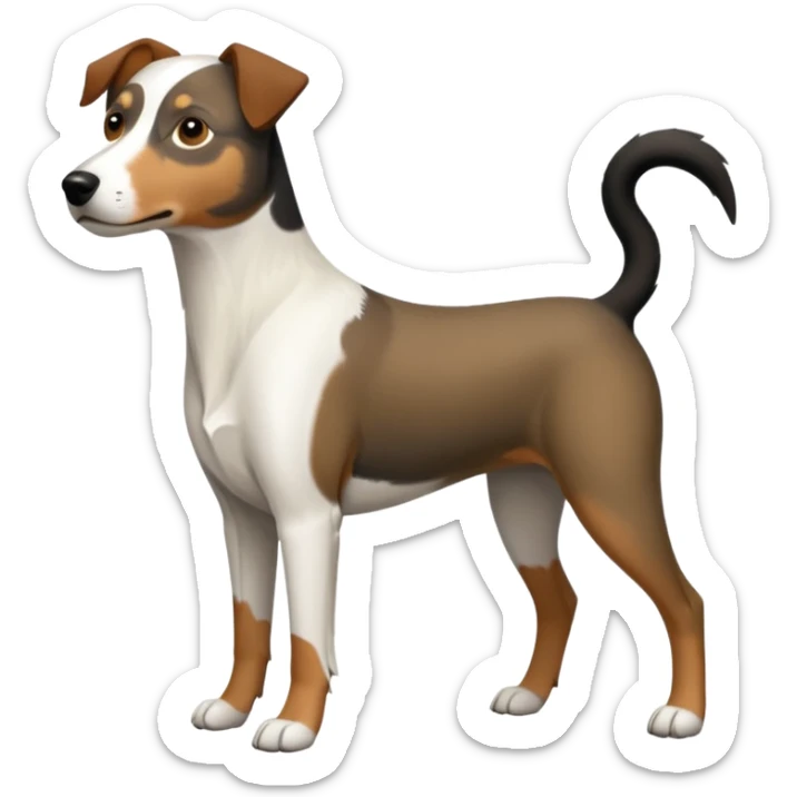 a full body large white parson russell looking dog the size of a kelpie with light brown flapped down ears and a light brown patch on one eye and a large snout sticker