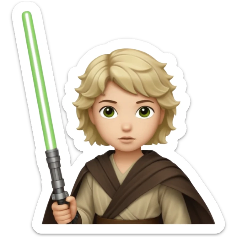 Young jedi with dark brown eyes and sandy blonde wavy short hair holding a green light saber.  sticker