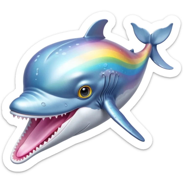 ice pastel baby blue, platinum grey and steel silver skin humpback whale with pink tongue and with tawny amber and yellow eyes with black pupils and barnacles and iridescent rainbow shine on its back sticker