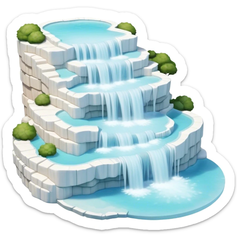 Cinematic Realistic Pamukkale Landmark Emoji, showcasing surreal cascading terraces of thermal waters rendered with ethereal textures and soft, luminous lighting. sticker