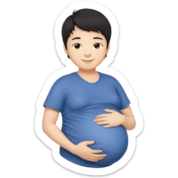 pregnant asian boy with short messy black hair holding his belly embracing his pregnancy sticker