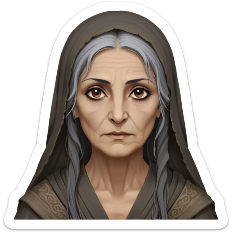 Mirri Maz Duur is a weathered, age 60 Lhazareen woman with deep-set dark eyes, high cheekbones, and a sharp nose, giving her a stern, knowing expression. Her long, unkempt dark hair streaked with gray falls loosely over her shoulders, and her earth-toned, tattered robes mark her as a humble healer. Despite her frail appearance, she exudes an aura of mystery and menace, her hands stained with herbs and blood from both healing and dark sorcery. sticker
