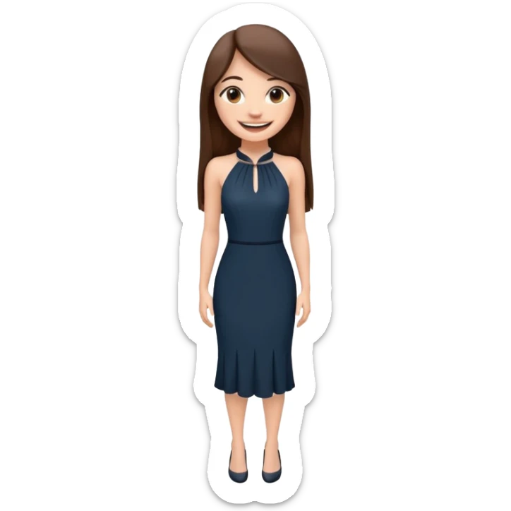 emoji-style illustration of a stylish pretty big smile woman with long straight brown hair, wearing a dark halter neck dress, elegant and minimalistic look, front-facing, soft 3D cartoon rendering, plain background sticker