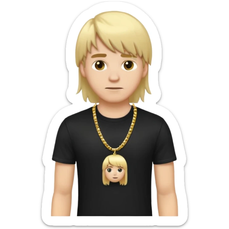 make a iphone emoji who is a white man that looks young with long blonde hair with bangs, with a black punk shirt and a golden neckless sticker