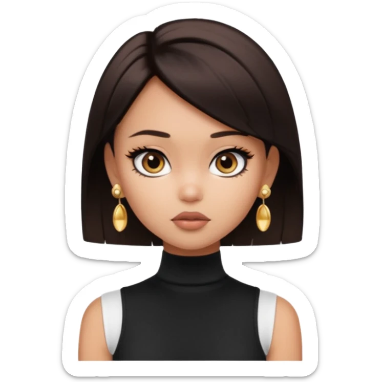 generate a pretty bratz girl in black cami top, dark brown straight short hair, eyeliner on. dark brown eyes. Wearing a white sleeveless turtleneck, gold stud earrings sticker