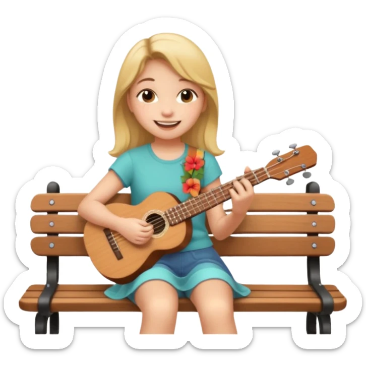 Teen girl – relaxed on park bench, strumming a ukulele, smiling.
 sticker
