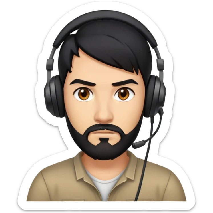 Serious gamer face with black hair, brown eyes, black beard, wearing gaming headset sticker