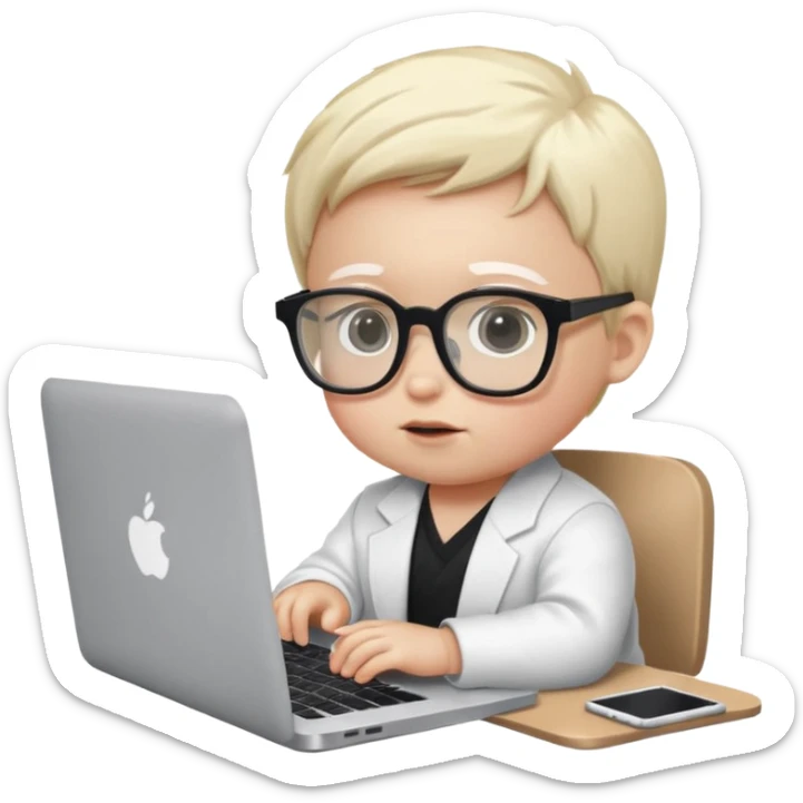 baby white skin bull in fancy glasses sitting in front of a macbook, working  sticker