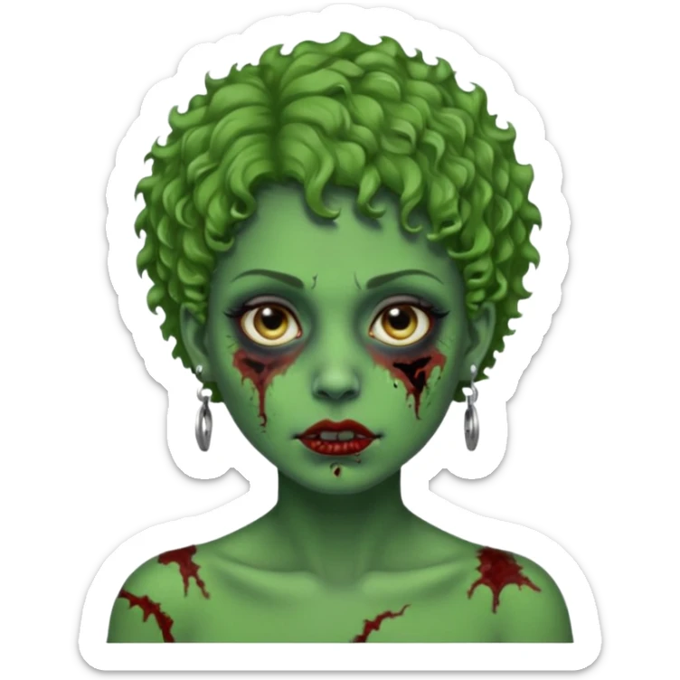 faça uma cabeça verde de zumbi femenina, com im cabelo curtinho cacheado, piercing no nariz, e brincos na orelha sticker