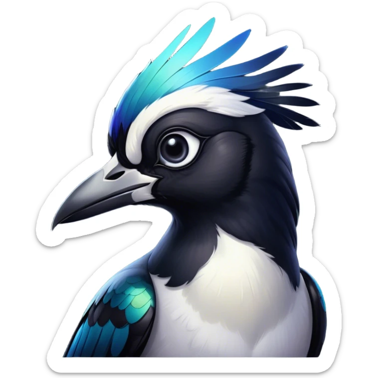 Cinematic Noble Magpie Portrait Emoji, Poised and sleek, with striking, iridescent black and white plumage, a sharp, inquisitive beak, and intense, observant eyes, Simplified yet sharp and sophisticated features, highly detailed, glowing with a soft, urban gleam, high shine, intelligent and graceful, stylized with an air of mischievous charm, focused and alert, soft glowing outline, capturing the essence of a watchful and confident magpie that appears ready to dart out of the screen with effortless authority! sticker