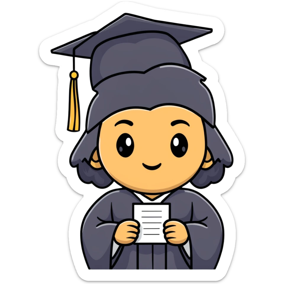 happy olive-skinned graduate with long wavy black hair wearing graduation cap and holding diploma sticker