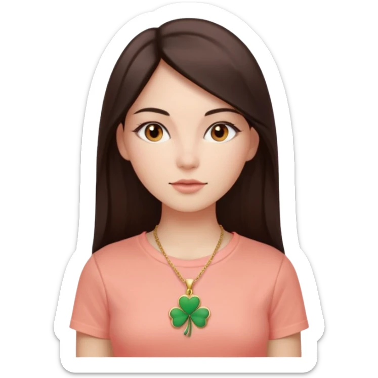 woman with long straight dark brown or black hair parted in the middle, smooth light complexion, almond-shaped eyes, full lips with pinkish coral tint, wearing white fitted tee and gold four-leaf clover necklace, calm neutral expression, soft neutral gaze at camera sticker
