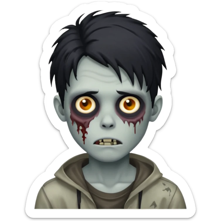 Zombie Boy with black long messy hair and teenager aparience, black background sticker