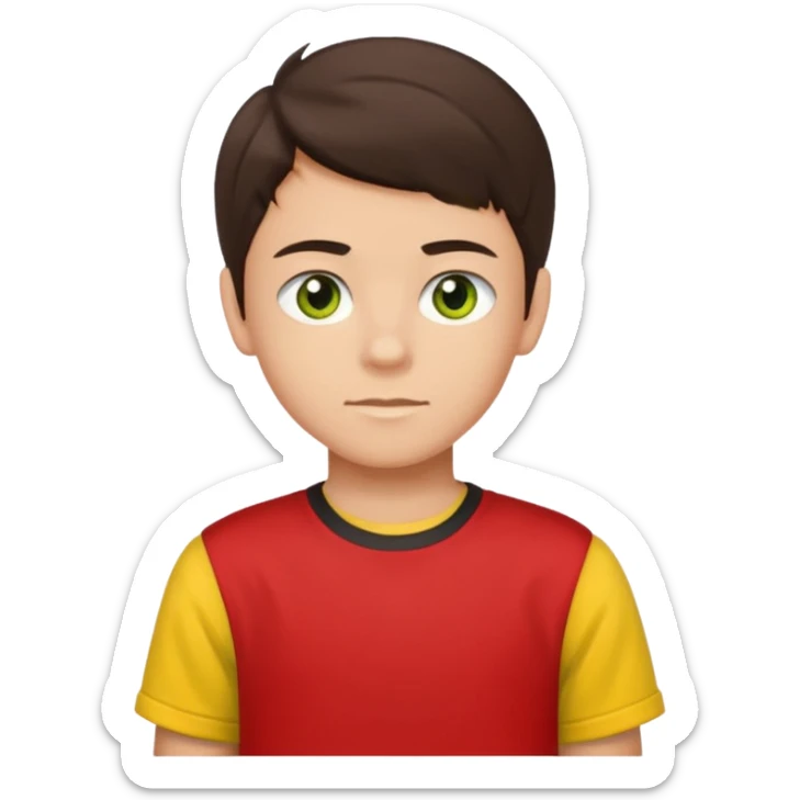 A portrait of a 14-year-old boy, he's got dark-brown hair, luight brownish skin and green hazel eyes. he's wearing a red t-sirt with yellow sleeves. sticker