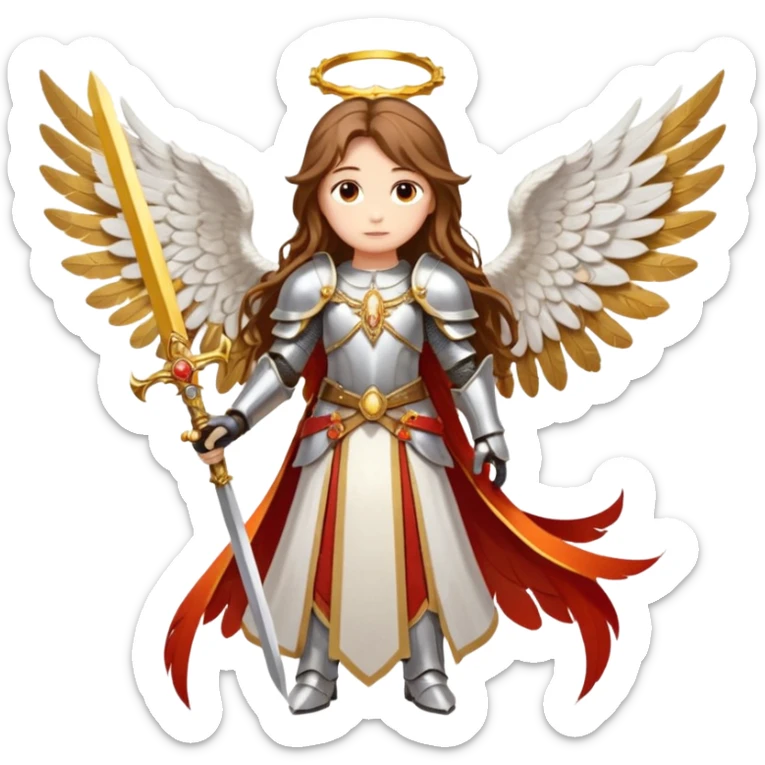  The angel has long brown hair surrounded by a golden halo and large white-and-orange feathered wings, wearing ornate silver armor with gold accents and a red sash. In its right hand it grips a white sword upright, while its left hand rests near the hilt of another weapon at its sid  sticker