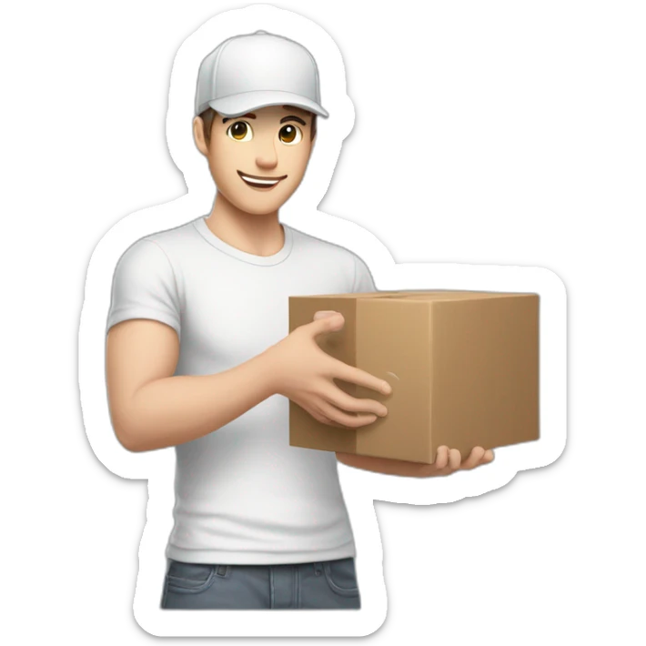 Pale skinned fit Man with dark brown hair in a white cap, gray jeans and gray polo T-shirt keeping a pasted box into his hands sticker