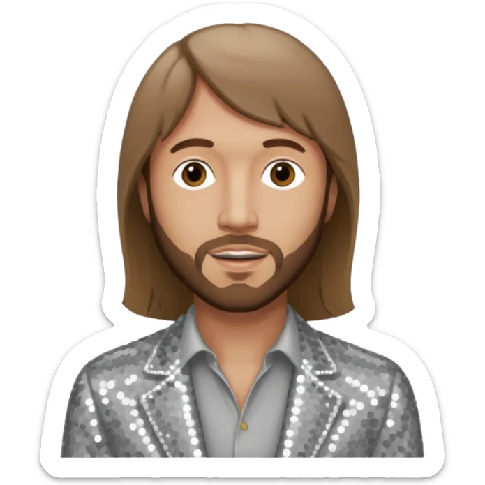 Maurice Gibb from Bee Gees with light grey sequin outfit, long brown hair sticker
