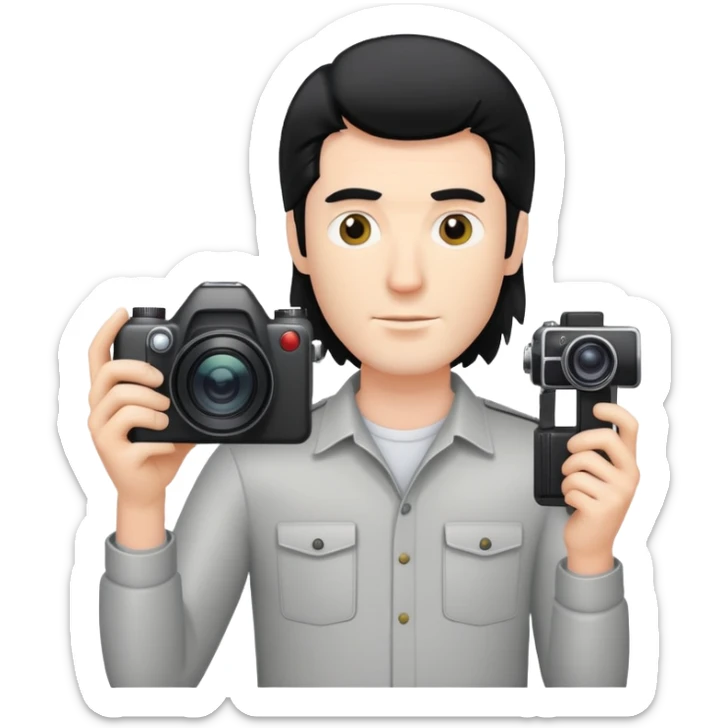 a white man with black mullet hair holding a foto camera sticker