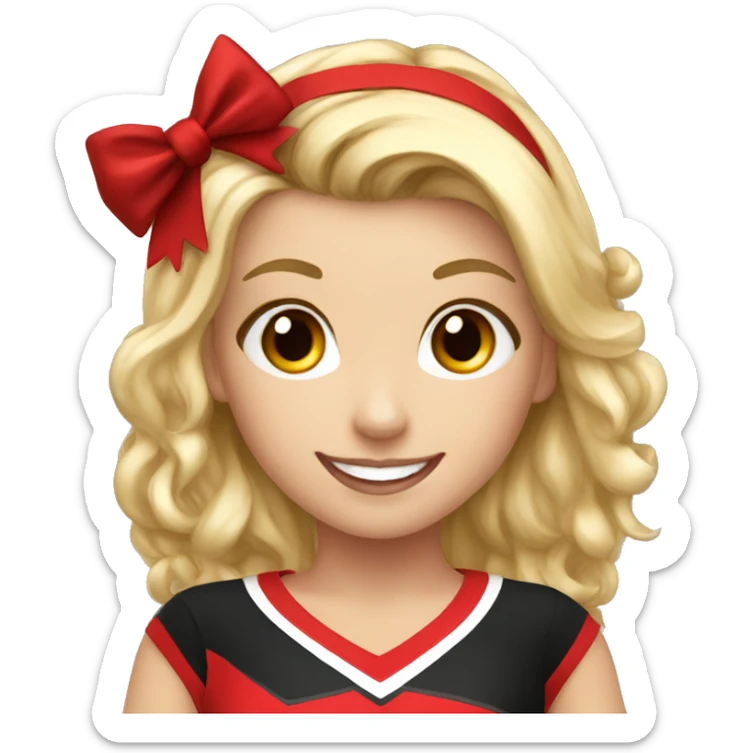 Cheerleader, girl, red and black uniform, blonde hair, pom poms, happy sticker