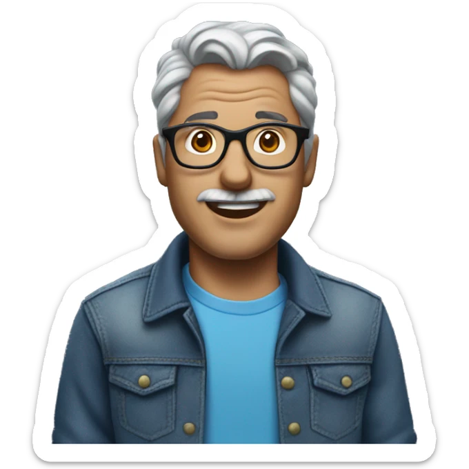 A Man Named David With grey hair, cool glasses, short blue t-shirt with a spiral printed on it, jeans, black shoes. sticker