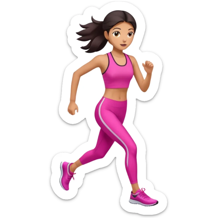 A girl in pink tight-fitting sportswear is running, her hair is dark and straight, neatly styled. sticker