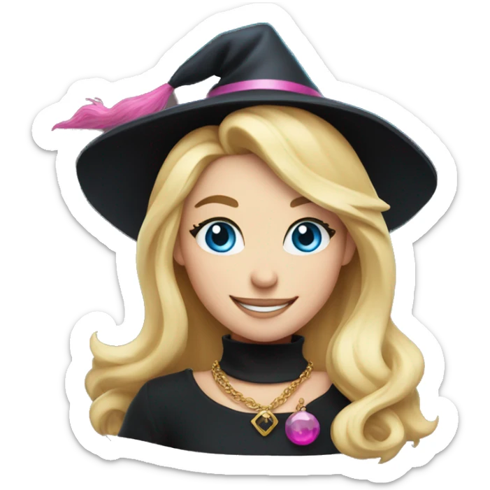 Blonde blue eyed witch smiling, wearing a gold necklace with pink pendant and a black and pink witch hat sticker