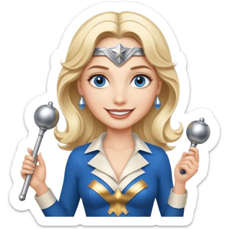 Blonde blue eyes Wonder Woman holding bell and short white orchestra conductor’s baton  sticker