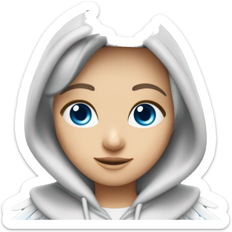 Caucasian dark haired female Angel with blue eyes and dimples wearing a hoodie with wings and a halo over her head sticker