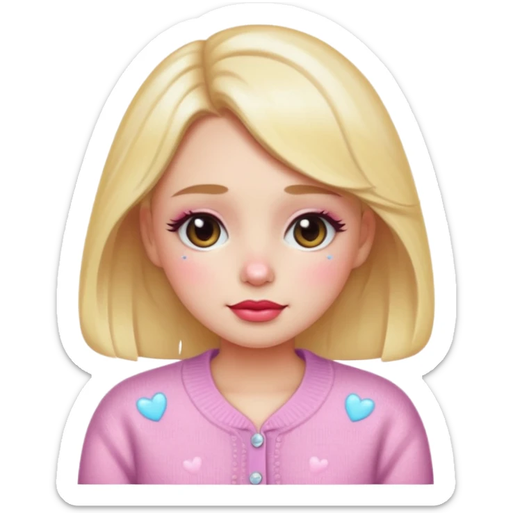 “Emoji girl, dewy skin, heavy blush across cheeks and nose bridge, glossy cherry lips, soft puppy eyeliner, teary sparkling eyes, pastel cardigan.” sticker