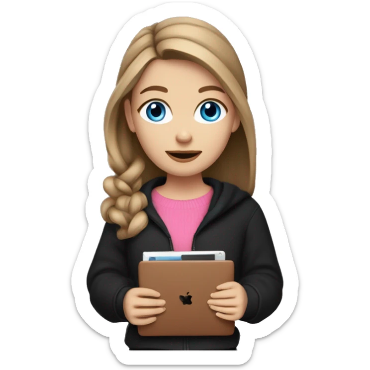 caucasian white IT girl student, holding pink laptop, blue eyes, brown hair ponytail wearing a thick black sweater sticker