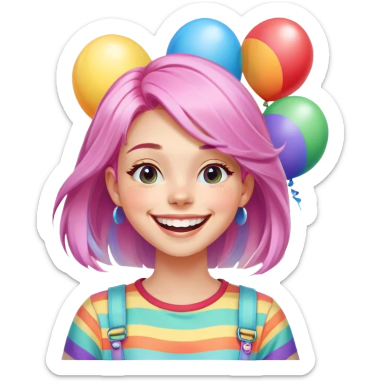 A close-up of a cheerful girl with soft, pastel-colored hair, wearing a colorful, trendy top and a wide grin. She has a playful expression, with a bright, cheerful background of rainbow-colored balloons sticker