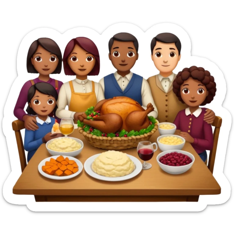 Thanksgiving Dinner with 10 people of different skin color around the table; have the food be a cooked turkey, mashed potatoes, corn, a basket of biscuits, a small bowl of cranberry sauce, baked yams, steamed vegetables, and a bottle of wine. sticker