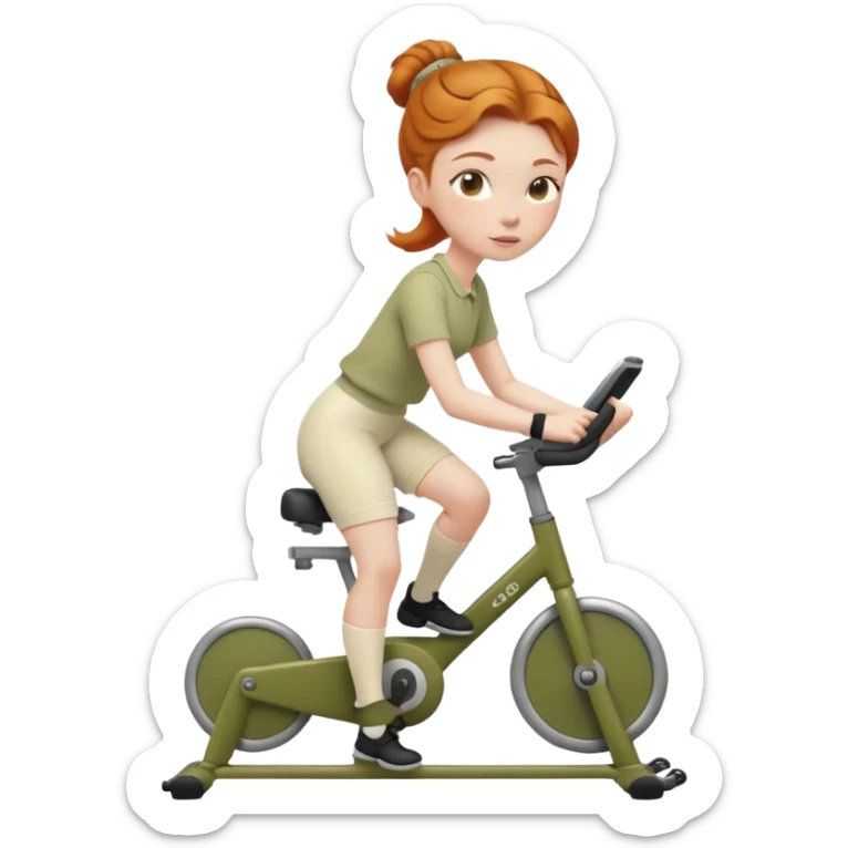 Ginger girl chignon riding olive green stationary bike cream outfit sticker