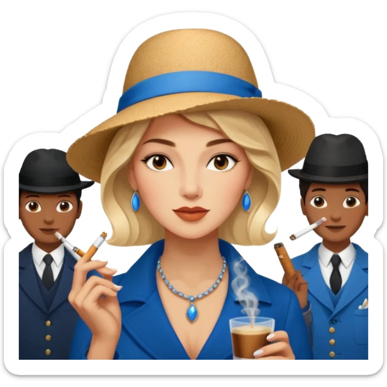 a woman with a slight smile smoking a cigarrette while holding a blue hardcover of Anna Karenina by Liev Tolsoi in a cafeteria full of queer people being nice and ordering specialty coffee from nigeria sticker